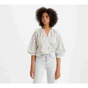 Levi's Blue Nights Stripe Long Sleeves V-Neck Button-Up Blouse Size Petite S b55